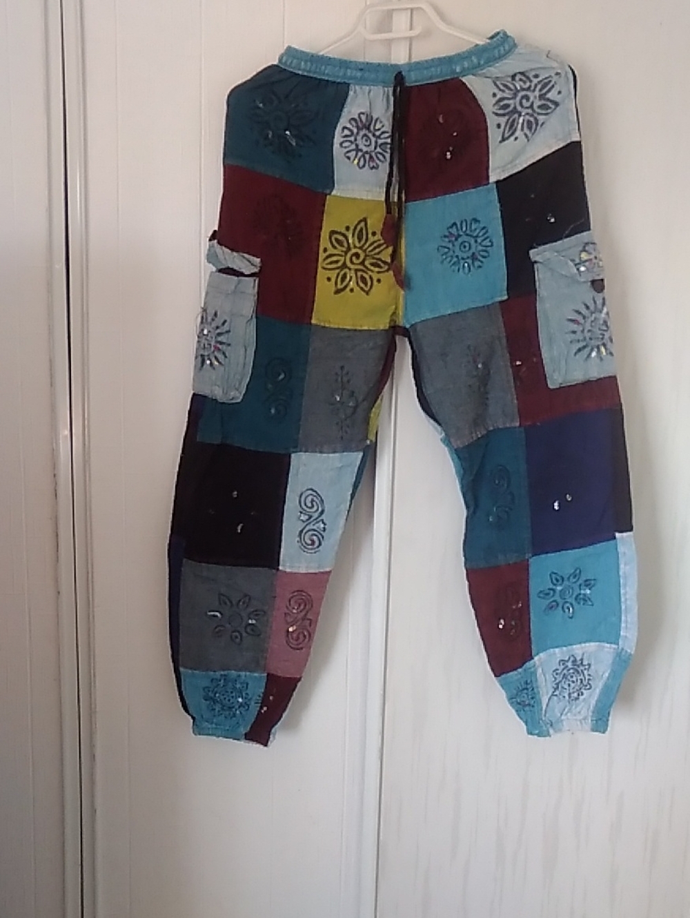 Patchwork Boho Cargo Pants in Teal, Blue, Burgundy & Yellow